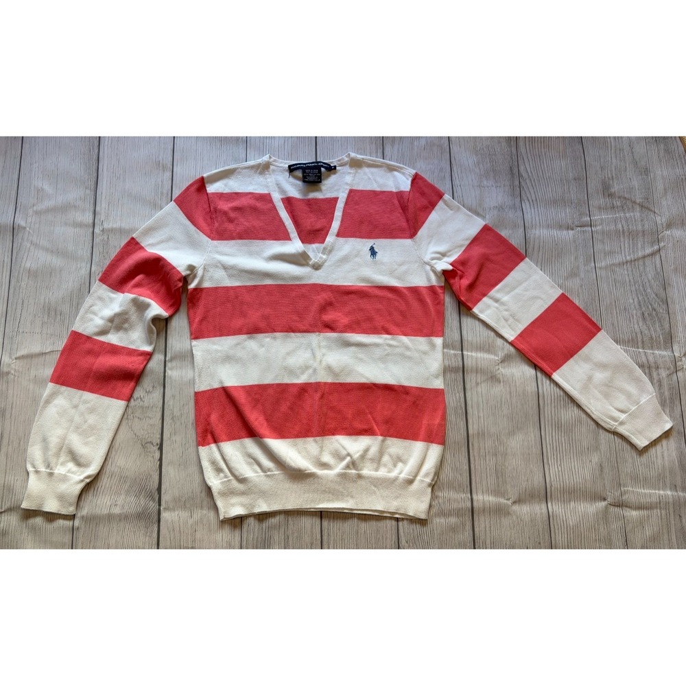 Ralph Lauren Sport Sweater Womens M Pink White Striped Knit Pony Logo Coastal